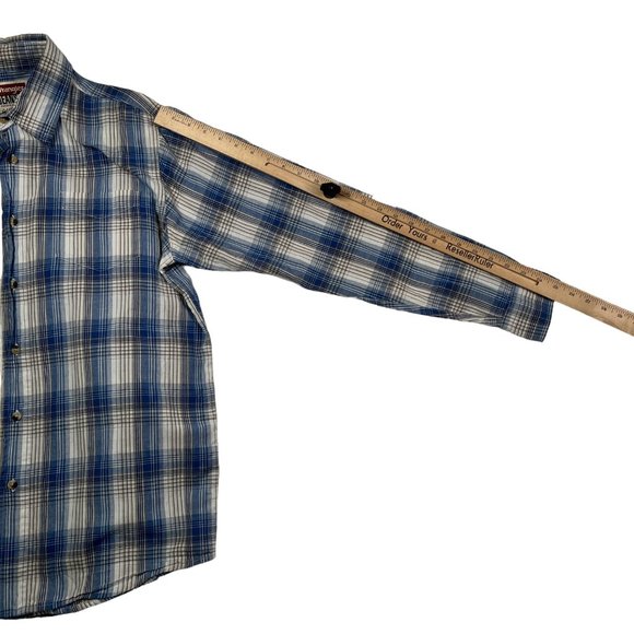 Wrangler Shirt Men's Long Sleeve Collared Plaid Button Up Blue Cream Tan Medium - Picture 6 of 11